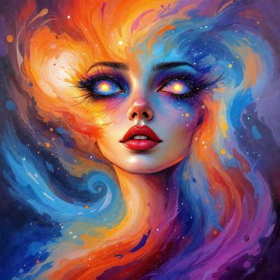 The primary subject of the image is a woman with a unique and artistic appearance. She has a vibrant and colorful look, with her eyes glowing and her hair flowing in a whirlwind. The setting is a colorful and abstract background, which complements the woman's striking visual style. The visual style of the image is a combination of digital art and illustration, creating a captivating and eye-catching scene. The colors and mood of the image are lively and energetic, with a strong focus on the woman's striking features and the vibrant colors of her hair and eyes.